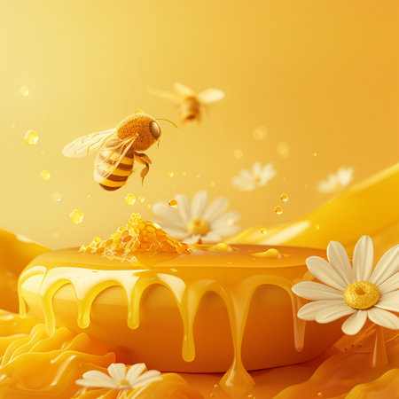 sweet honey with chamomile on yellow background. 3d illustrationの素材