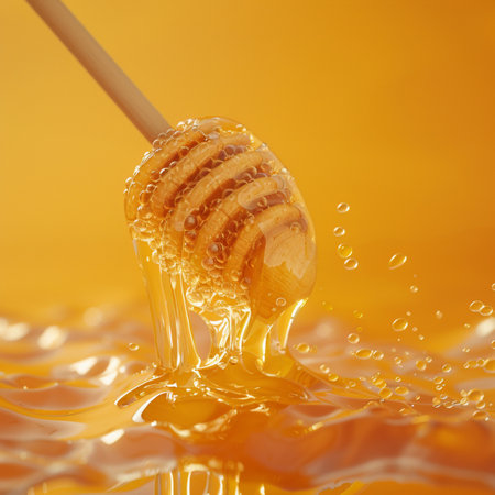 Honey dripping from a wooden honey dipper on a yellow backgroundの素材