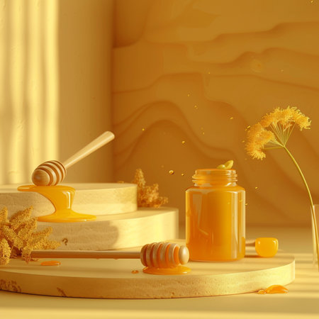 3d render of honey product display podium with honey dipper and flowersの素材