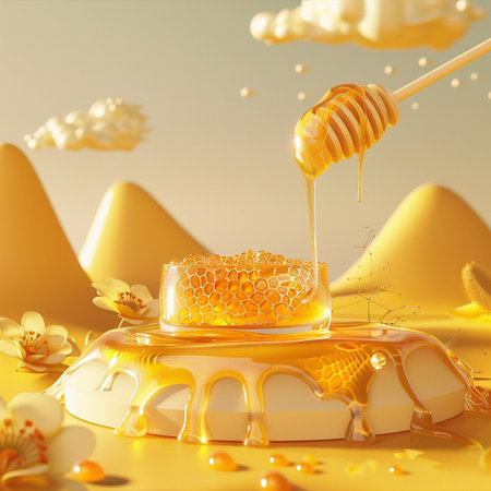 Honey dripping from a wooden honey dipper into a honeycombs. 3d renderingの素材