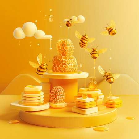 Honeycombs and bees on yellow background. 3d renderの素材