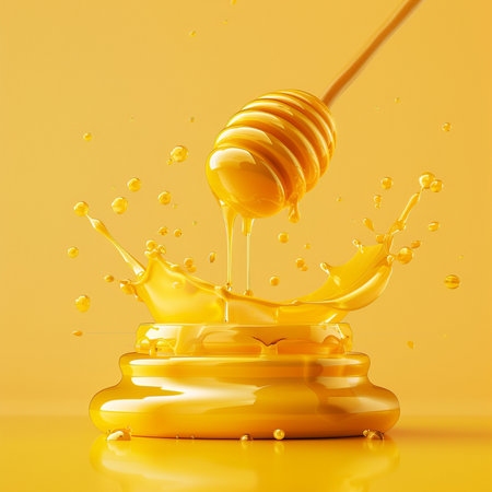 Honey dripping from a wooden honey dipper. 3d renderingの素材