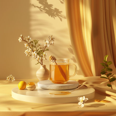 Cup of tea with honey and lemon on the table. 3d renderingの素材
