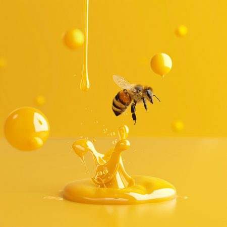 Honey dripping from a bee on yellow background. 3d renderingの素材