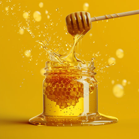 Honey dripping from a wooden honey dipper into a glass jar on a yellow backgroundの素材