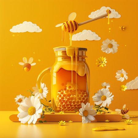 Honey in jar with honey dipper and flowers on yellow backgroundの素材