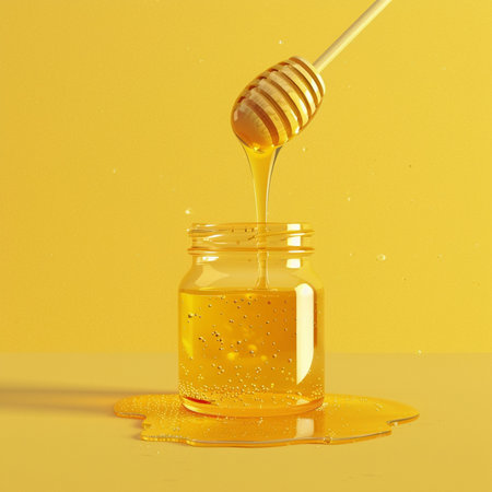 Honey dripping from a wooden honey dipper into a glass jar on yellow backgroundの素材