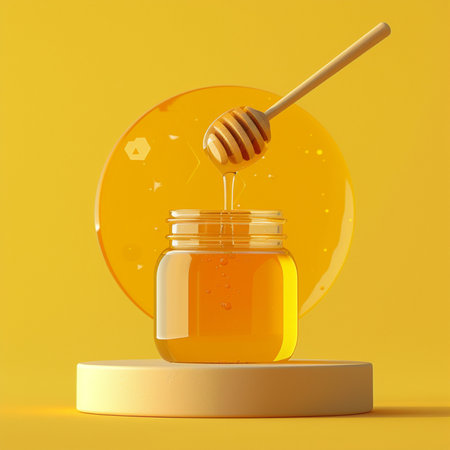 Honey jar with honey dipper on yellow background. 3d illustrationの素材
