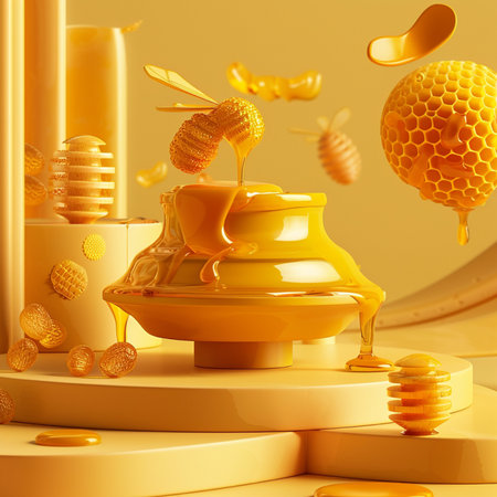 Honeycombs and bees. 3d illustration. 3d renderingの素材