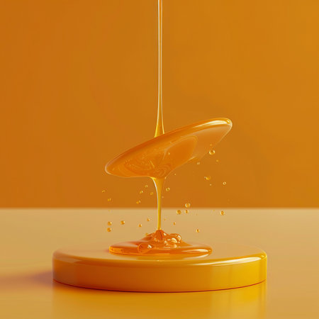 Honey dripping from a pot on a yellow background. 3d renderingの素材