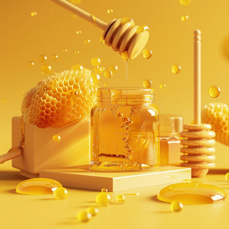 Honey in glass jar with dipper and honeycombs on yellow backgroundの素材