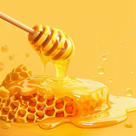 Honey dripping from a wooden honey dipper. 3d renderingの素材