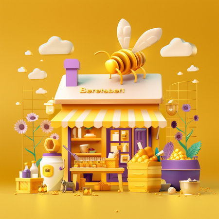 3d illustration of honey shop with bees and honeycombs on yellow backgroundの素材