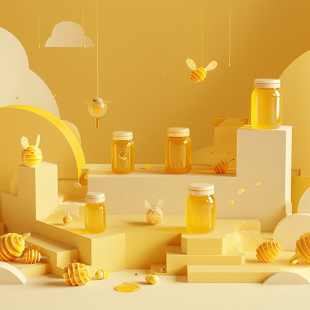 3d render of honeycombs and jars with honey on the podiumの素材