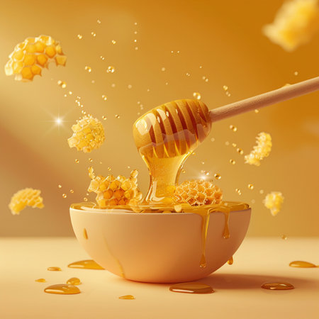 Honey pouring from a wooden honey dipper into a bowl. 3d renderingの素材