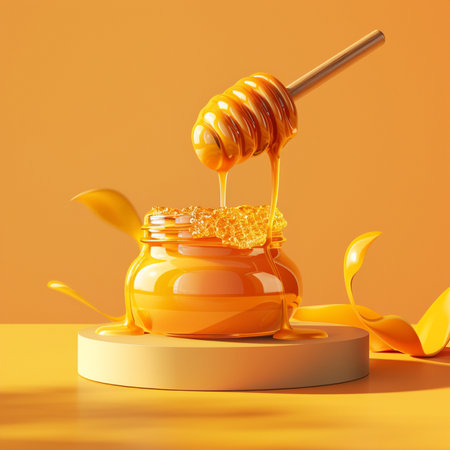 Honey jar with dipper and flowing honey. 3d renderingの素材