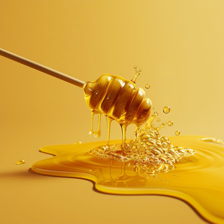 Honey dripping from a wooden honey dipper on a yellow backgroundの素材
