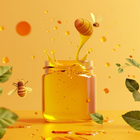 Honey in a glass jar on a yellow background. 3d renderingの素材