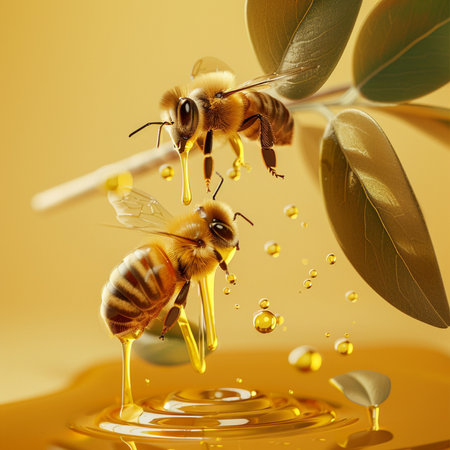 Honey dripping from a honeycomb with bees. 3d renderingの素材