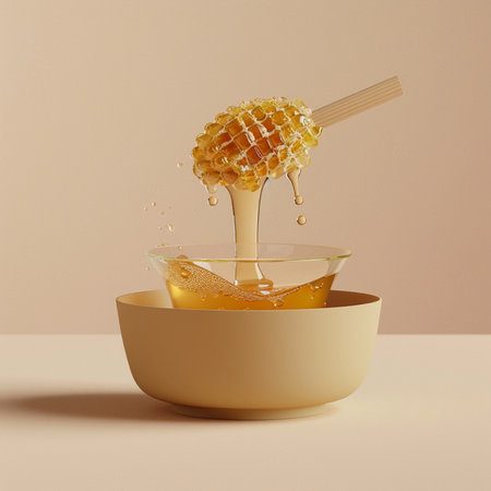 Honey in a glass bowl and honey dipper on a beige backgroundの素材