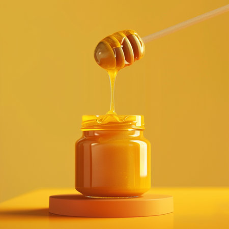 Honey jar with honey dipper on yellow background. 3d renderの素材