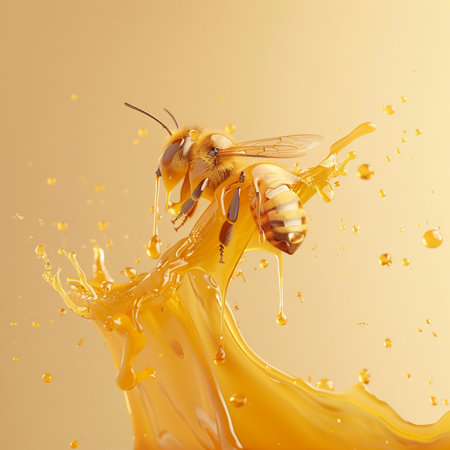 Honey with honeycomb and bee on a yellow background. 3d renderingの素材