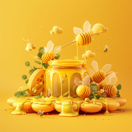 Honey and bees on yellow background. 3d vector illustration.の素材