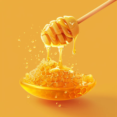 Honey dripping from a wooden honey dipper into a bowl on yellow backgroundの素材
