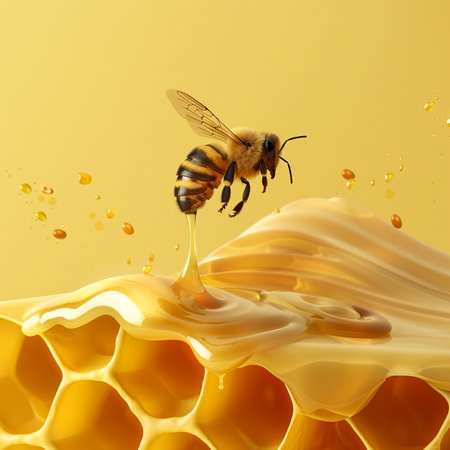 Honeycomb with honey and bee on yellow background. 3d illustrationの素材