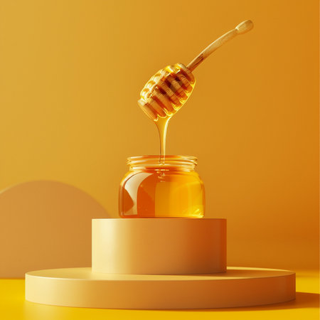 Honey dripping from a wooden honey dipper into a jar. 3d renderingの素材