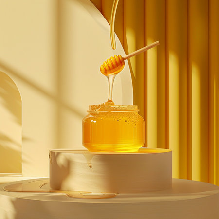 Honey in a jar with a dipper, 3d renderの素材