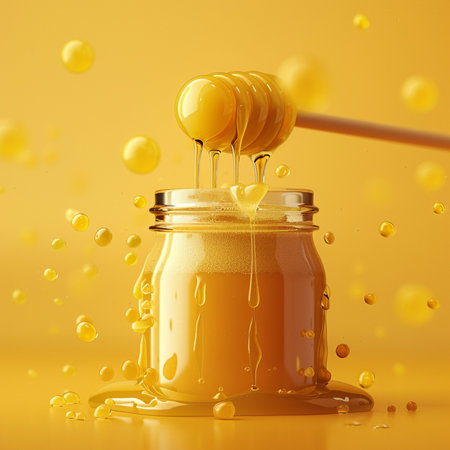 Honey dripping from a wooden honey dipper into a jar on a yellow background. 3d renderingの素材