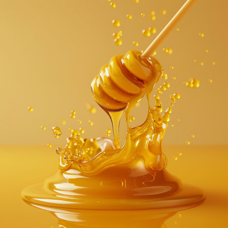 Honey dripping from a wooden honey dipper. 3d renderingの素材