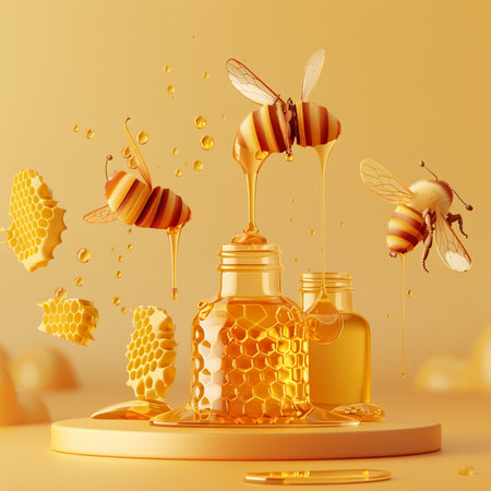 Honeycombs with honey and bees. 3d illustration.の素材