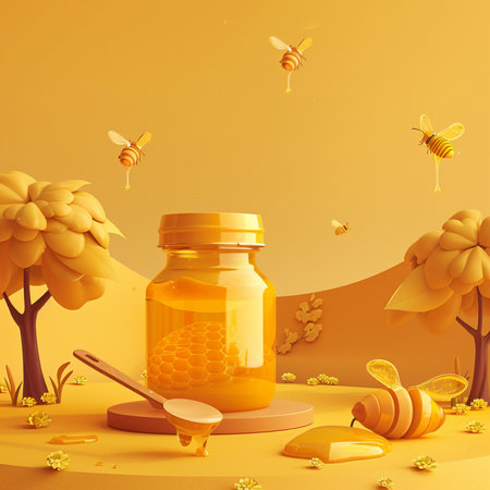 Honey jar with honey dipper and bees flying around. 3d illustrationの素材