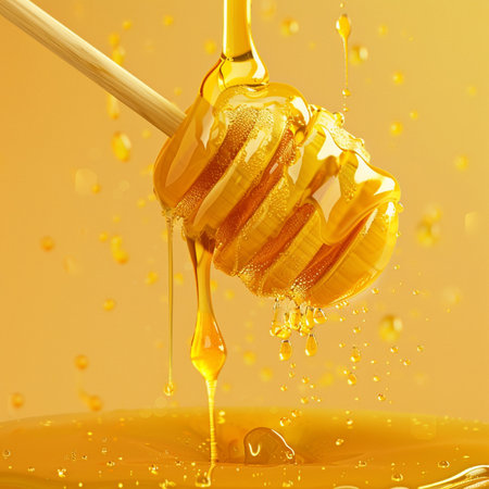 Honey dripping from a wooden honey dipper on a yellow backgroundの素材