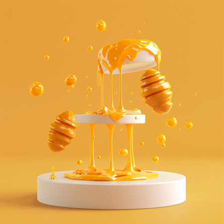 3d render of honey pouring from honeycombs on white podiumの素材