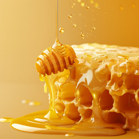 Honey dripping from a wooden honey dipper on a yellow backgroundの素材