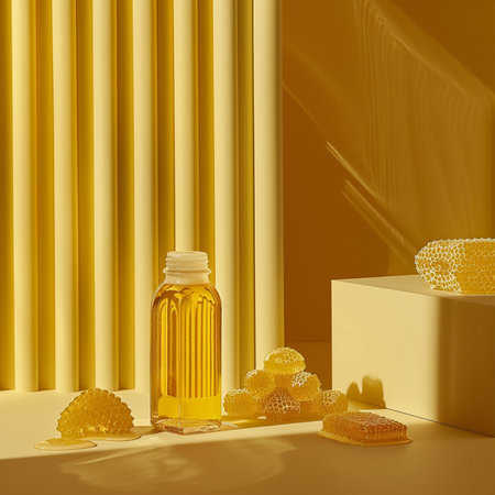 3d render of a yellow background with honeycombs, soap and a bottle of oilの素材