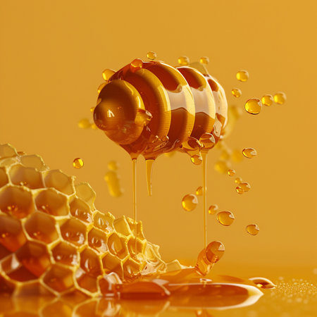 Honey dripping from hexagonal honeycombs. 3D renderingの素材