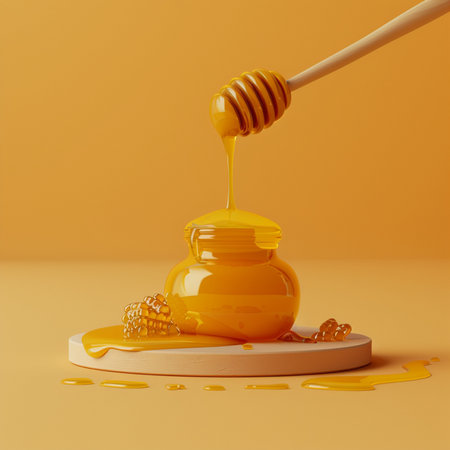 Honey dipper and jar with honey on yellow background. 3d renderの素材
