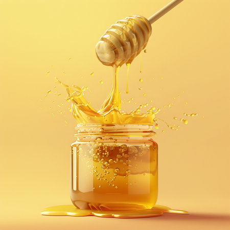 Honey dripping from a wooden honey dipper into a glass jar. 3d renderingの素材