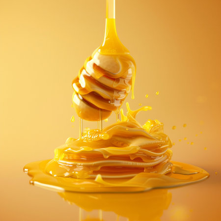 Honey dripping from a honey dipper on a stack of pancakesの素材