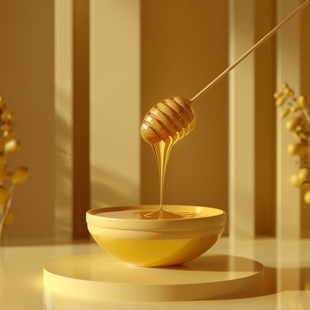 Honey dripping from a wooden honey dipper. 3d renderの素材