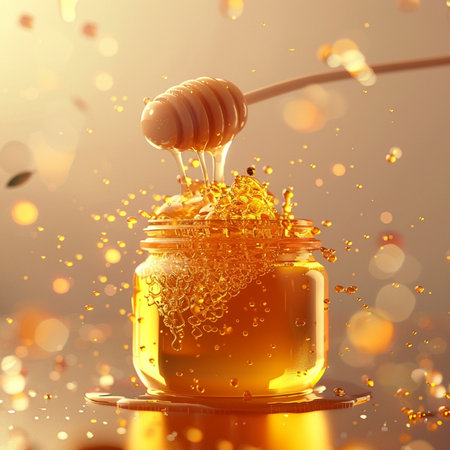 Honey dripping from a wooden honey dipper into a glass jar. 3d renderingの素材
