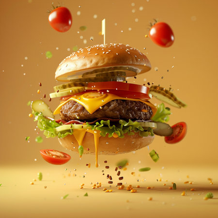 Hamburger with flying ingredients on yellow background. 3d renderingの素材