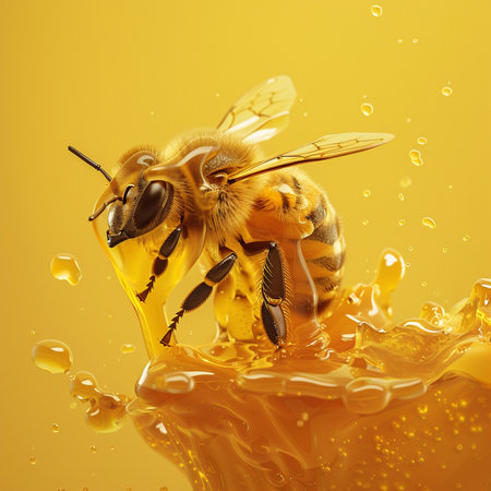 Honeycomb and bee on a yellow background. 3d renderingの素材