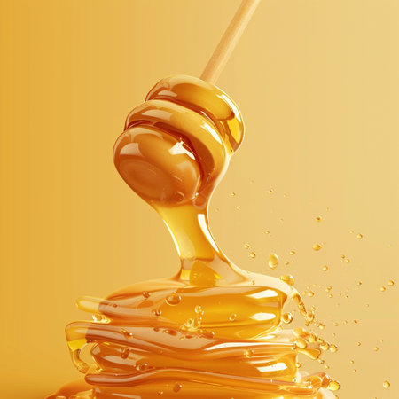 Honey dripping from a wooden honey dipper. 3d renderingの素材