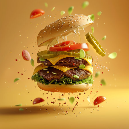 Flying hamburger with flying ingredients on a yellow background, 3d renderingの素材