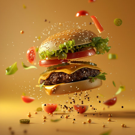 Flying hamburger with flying ingredients on yellow background. 3d illustrationの素材